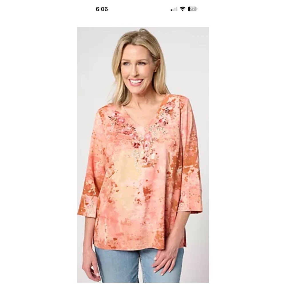 Susan Graver Apricot Printed Embroidered Blouse Womens 3X Tunic 3/4 Sleeve Boho